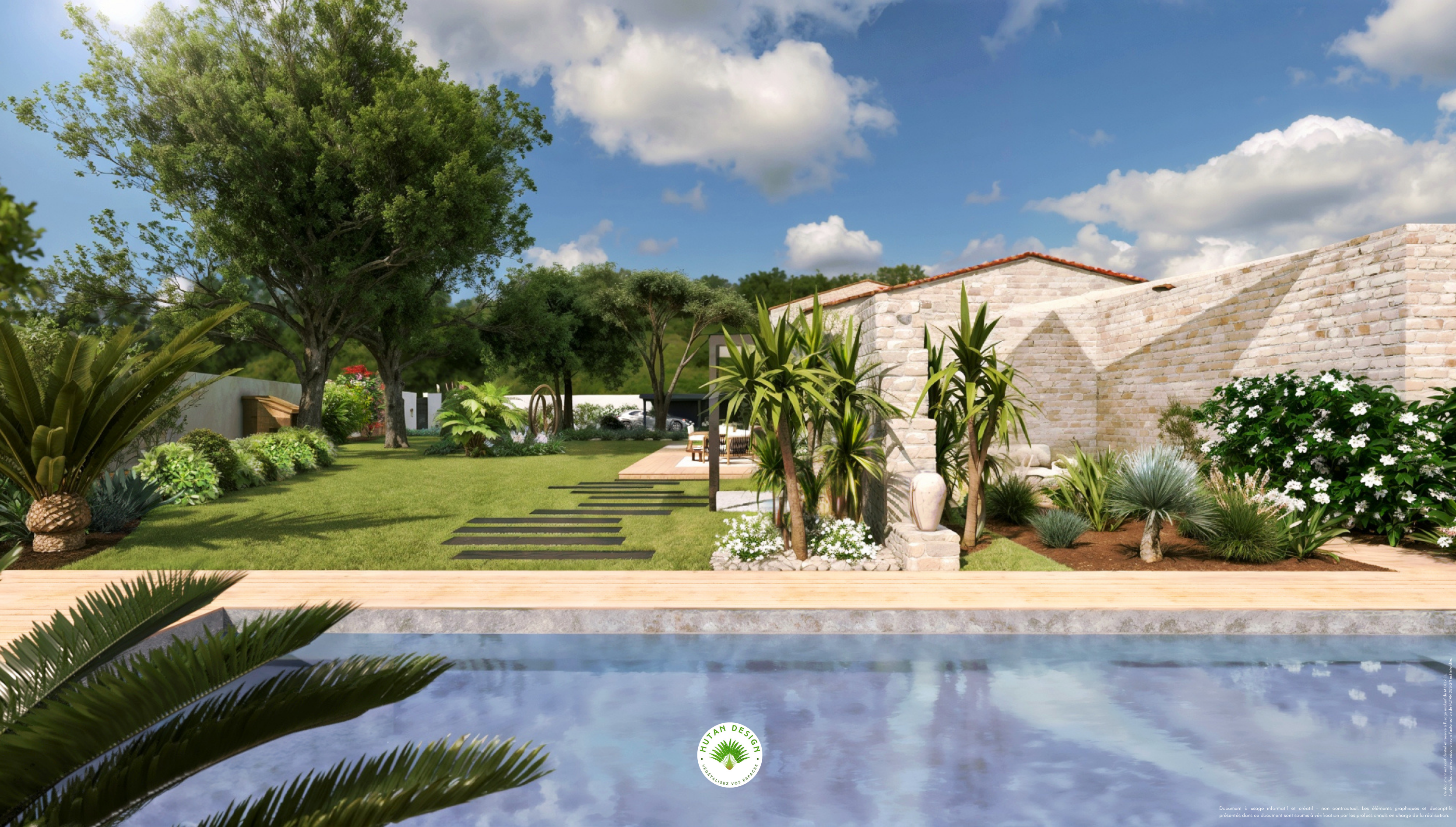 jardin, terrasse bois, piscine, jardin exotique