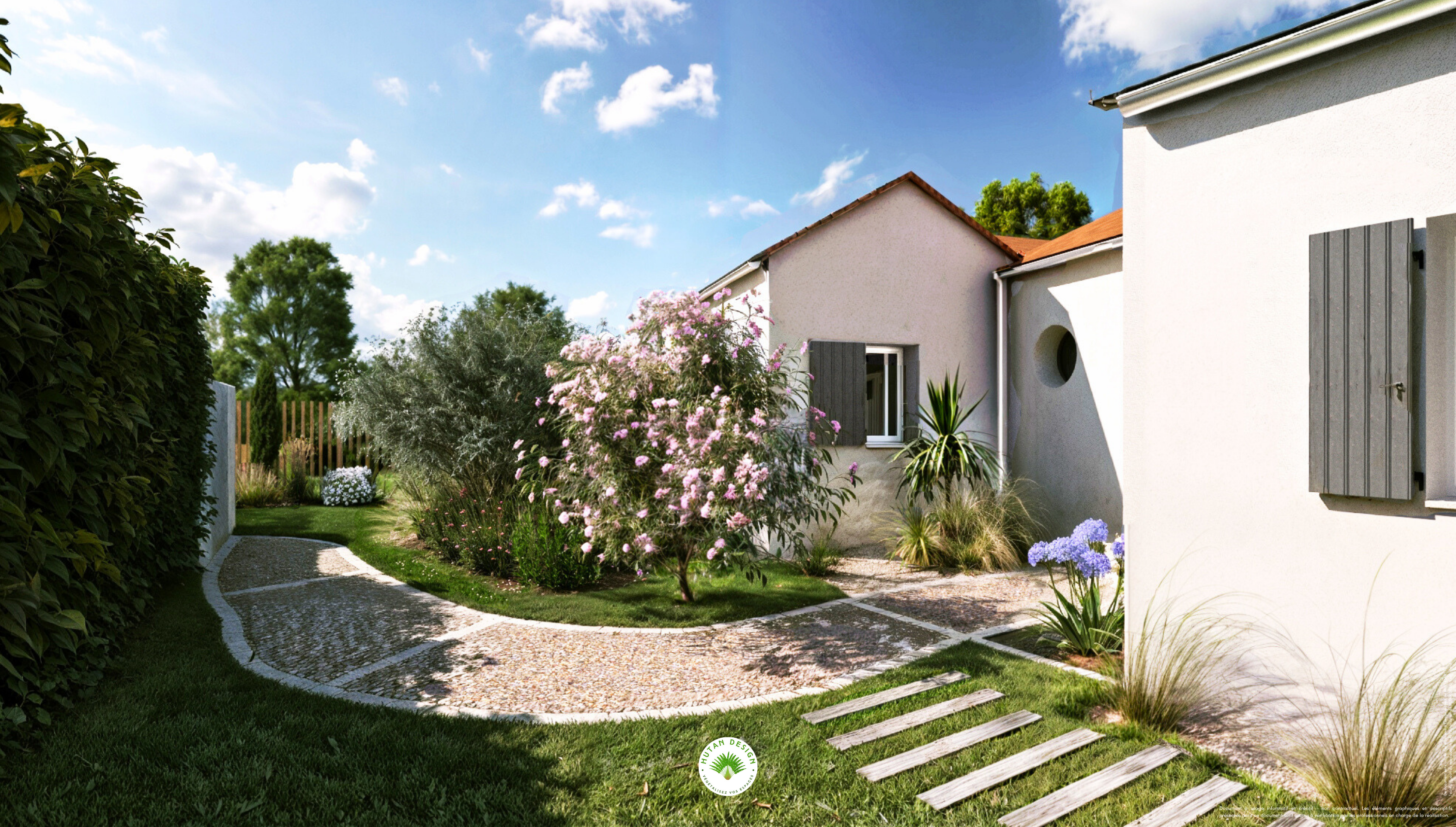 jardin d'accueil, jardin méditerranéen, pas japonais, gazon, exotique, design 3D, paysagiste, La Rochelle, Ile de Ré