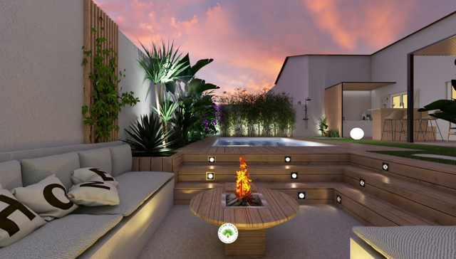 terrasse bois, salon enterré jardin, piscine