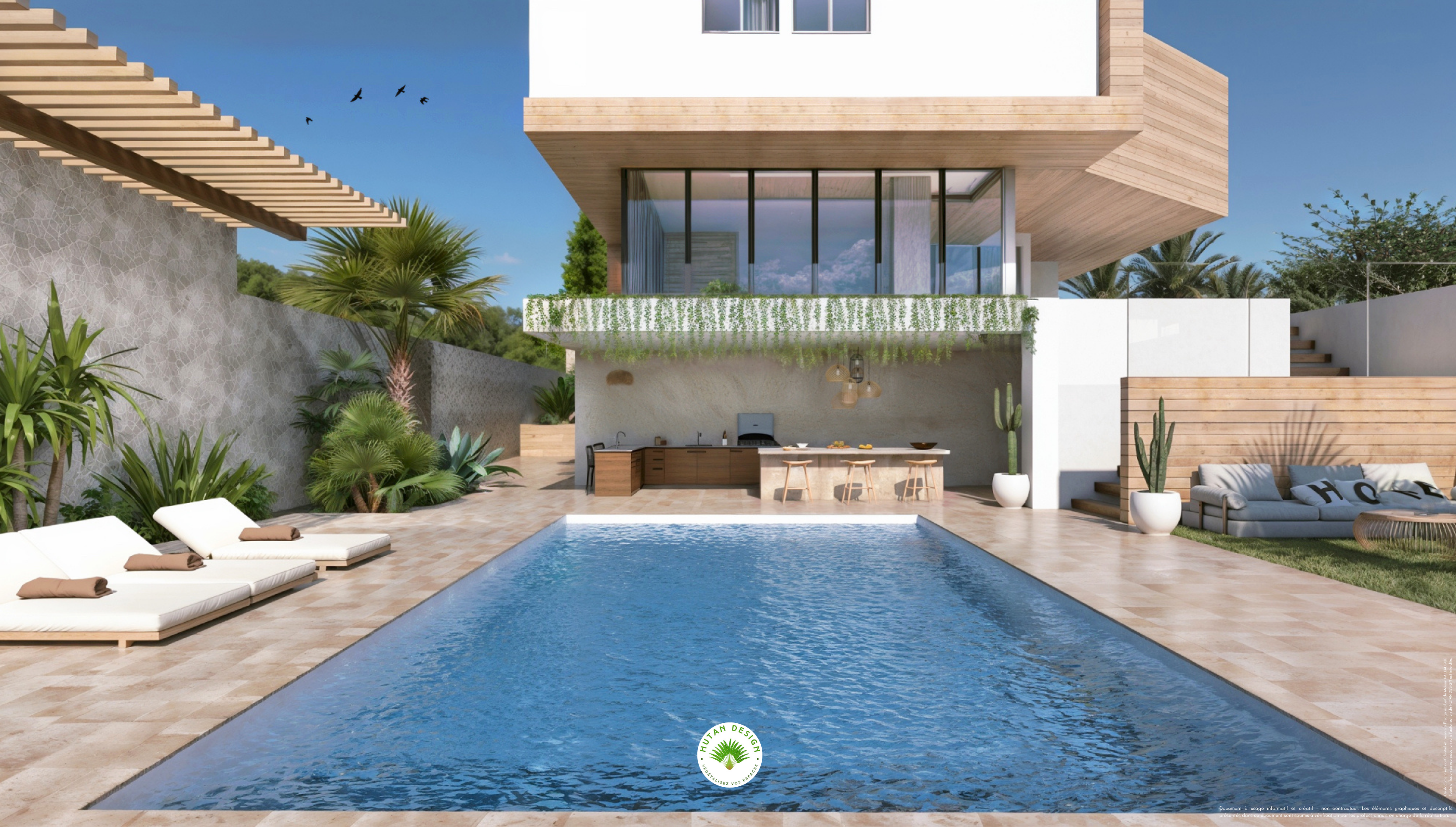 Cuisine extérieure, terrasse travertin, jardin exotique, paysagiste, piscine