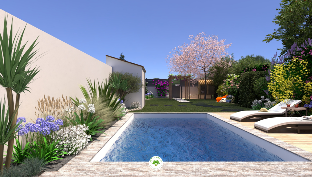 Piscine, travertin, massif piscine, plantes mediterrannéennes