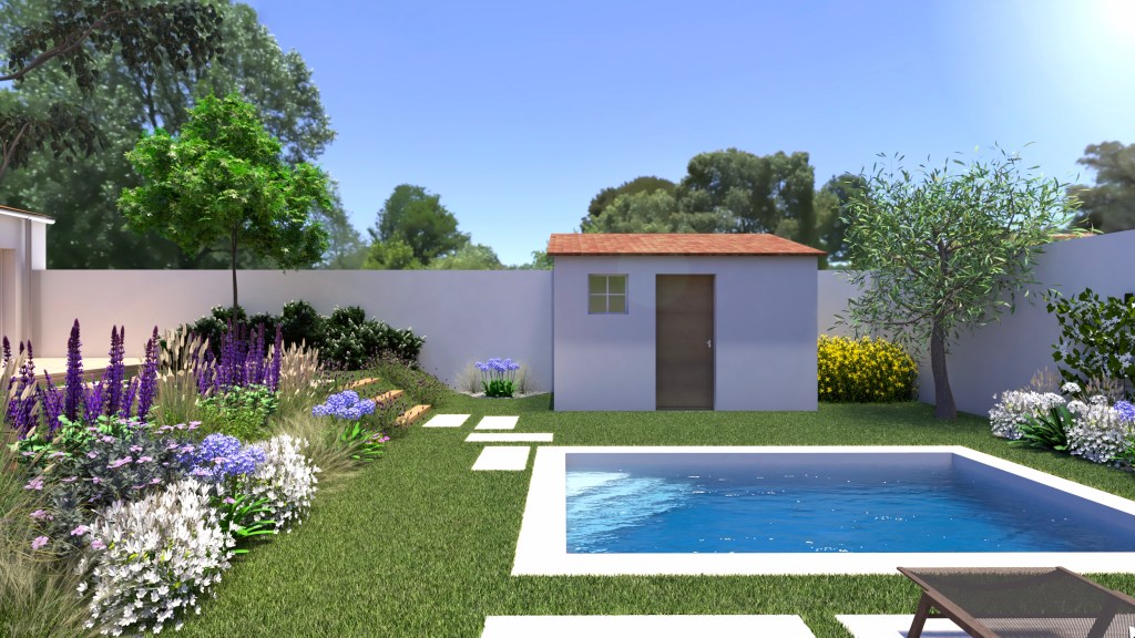 Piscine 10m2, travertin, massif piscine, plantes méditerranéennes, pas japonais, paysagiste