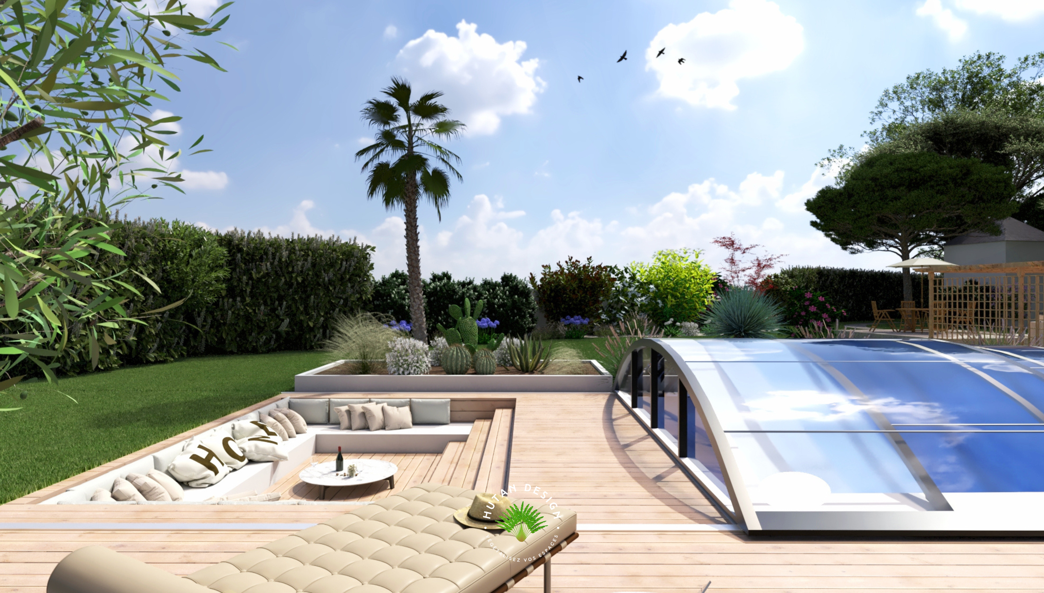 Terrasse bois, salon enterré, piscine, abris de piscine, conception jardin