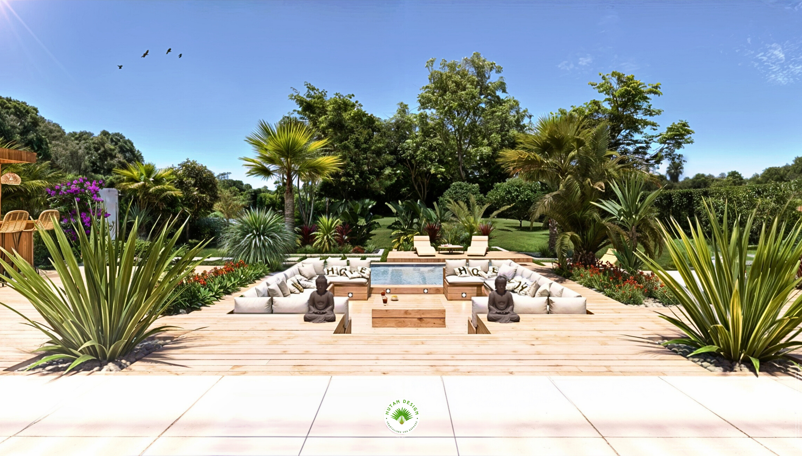 JARDIN BALINAIS A LA ROCHELLE Terrasse bois, sunken, piscine, jardin exotique, conception design 3D, paysagiste La Rochelle , ile de ré